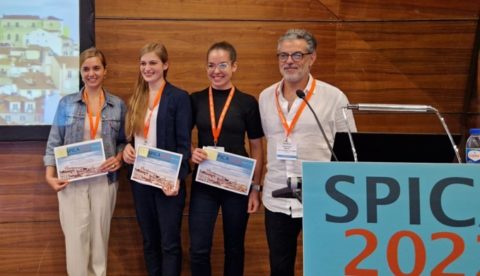 Poster prize winners at SPICA 2022. From left to right: Malvina Supper (FAU), Juliane Diehm (KIT), Laura Kuger (KIT) and chairman Prof. José Paulo Mota (Nova University, Lisbon, Portugal).